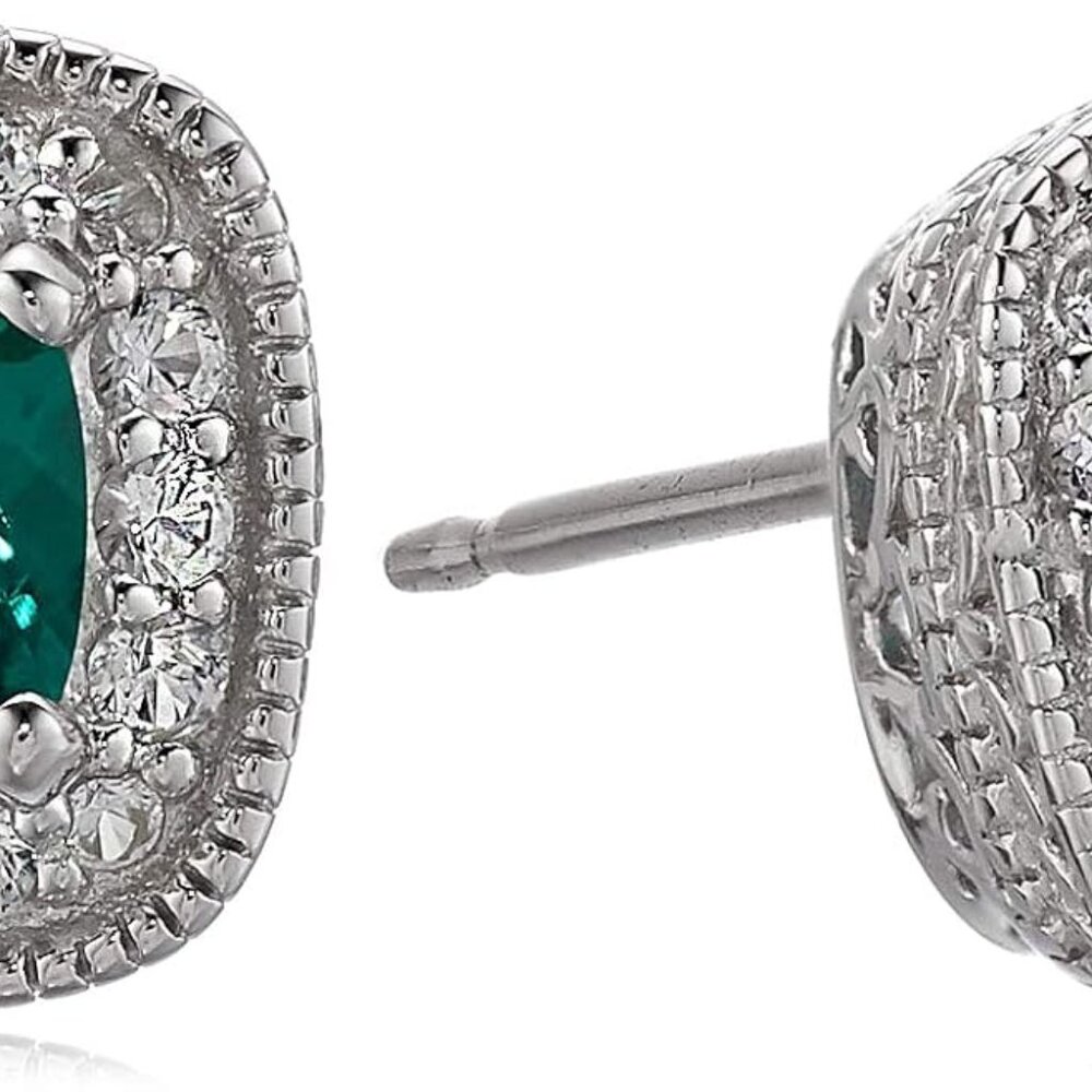 Sterling Silver Cushion Cut Birthstone and Created White Sapphire Halo Stud Earr